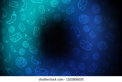 Dark BLUE vector background with tasty food. Blurred decorative design of snacks in doodle style. Design for ad, poster, banner of cafes or restaurants.