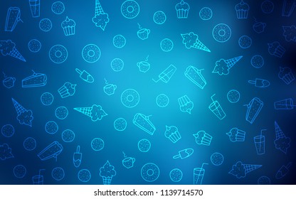 Dark BLUE vector background with tasty sweets. Confections on blurred abstract background with colorful gradient. Pattern for ad, booklets, leaflets of restaurants.