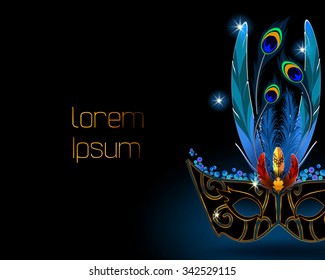 The dark blue vector background template with Carnival Venetian mask decorated with blue, orange and yellow colored feathers and golden pattern.