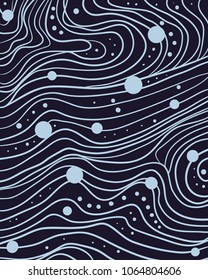Dark blue vector background with waves of sea and circles for printing on wallpaper, wrappers, covers, posters, postcards.