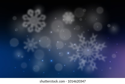 Dark BLUE vector background with xmas snowflakes. Snow on blurred abstract background with gradient. The template can be used as a new year background.