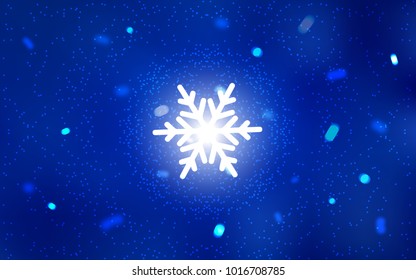 Dark BLUE vector background with xmas snowflakes. Snow on blurred abstract background with gradient. New year design for your business advert.