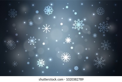 Dark BLUE vector background with xmas snowflakes. Blurred decorative design in xmas style with snow. New year design for your ad, poster, banner.