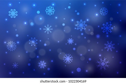 Dark BLUE vector background with xmas snowflakes. Blurred decorative design in xmas style with snow. New year design for your ad, poster, banner.