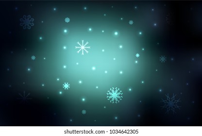 Dark BLUE vector background with xmas snowflakes. Snow on blurred abstract background with gradient. New year design for your business advert.