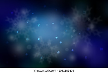Dark BLUE vector background with xmas snowflakes. Snow on blurred abstract background with gradient. The pattern can be used for new year ad, booklets.