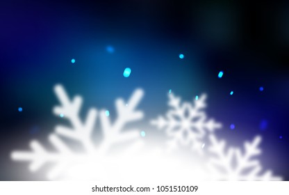Dark BLUE vector background with xmas snowflakes. Decorative shining illustration with snow on abstract template. The pattern can be used for year new  websites.