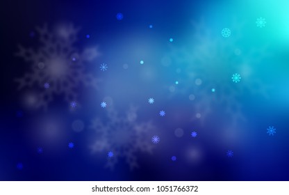 Dark BLUE vector background with xmas snowflakes. Snow on blurred abstract background with gradient. The pattern can be used for new year leaflets.