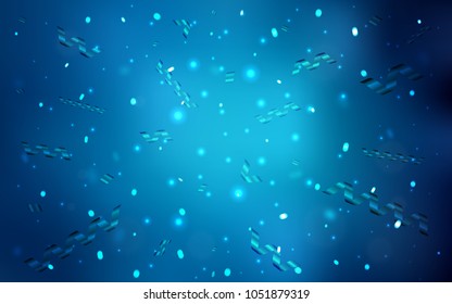 Dark BLUE vector background with xmas confetti. Beautiful colored illustration with ribbon in celebration style. The template can be used as a background for postcards.