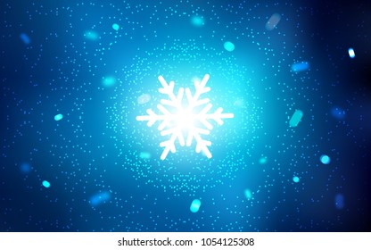 Dark BLUE vector background with xmas snowflakes. Snow on blurred abstract background with gradient. The pattern can be used for year new  websites.