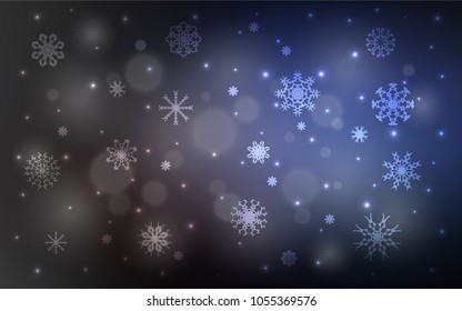 Dark BLUE vector background with xmas snowflakes. Blurred decorative design in xmas style with snow. New year design for your ad, poster, banner.