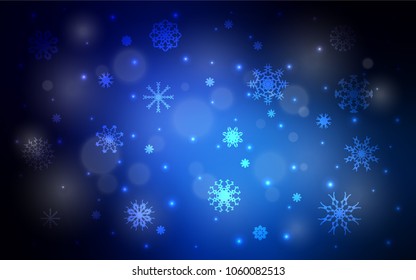 Dark BLUE vector background with xmas snowflakes. Shining colored illustration with snow in christmas style. New year design for your ad, poster, banner.