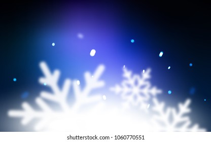 Dark BLUE vector background with xmas snowflakes. Decorative shining illustration with snow on abstract template. The pattern can be used for new year leaflets.