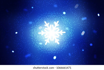 Dark BLUE vector background with xmas snowflakes. Snow on blurred abstract background with gradient. New year design for your ad, poster, banner.