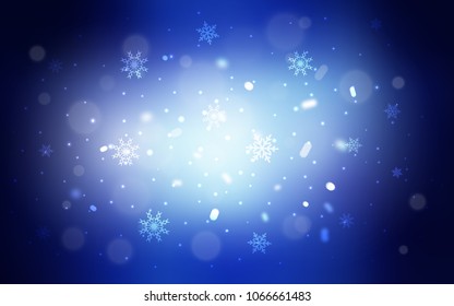 Dark BLUE vector background with xmas snowflakes. Snow on blurred abstract background with gradient. The template can be used as a new year background.