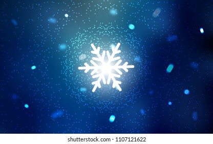 Dark BLUE vector background with xmas snowflakes. Snow on blurred abstract background with gradient. New year design for your ad, poster, banner.