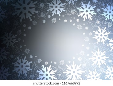 Dark BLUE vector background with xmas snowflakes. Snow on blurred abstract background with gradient. New year design for your ad, poster, banner.