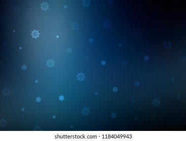 Dark BLUE vector background with xmas snowflakes. Snow on blurred abstract background with gradient. The pattern can be used for new year leaflets.