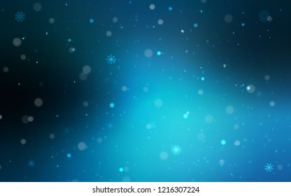 Dark BLUE vector background with xmas snowflakes. Snow on blurred abstract background with gradient. New year design for your business advert.