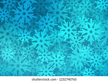Dark BLUE vector background with xmas snowflakes. Snow on blurred abstract background with gradient. The pattern can be used for new year leaflets.