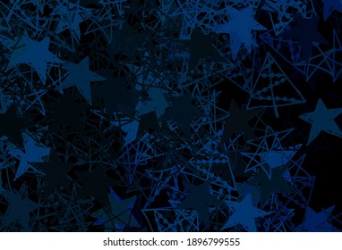 Fondo vector azul oscuro con copos de nieve de Navidad, estrellas. Decoración colorida en estilo navideño con nieve. Diseño de Año Nuevo para anuncio de negocios.