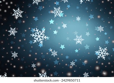 Dunkelblau Vektor Hintergrund mit Weihnachten Schneeflocken, Sterne. Bunte Schneeflocken mit steigendem Schneeflocken. Basisteil für Neujahrsbroschüren.
