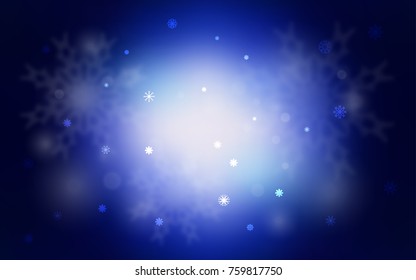 Dark BLUE vector background with xmas snowflakes. Snow on blurred abstract background with gradient. The pattern can be used for new year leaflets.
