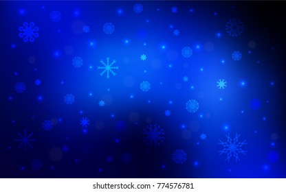 Dark BLUE vector background with xmas snowflakes. Blurred decorative design in xmas style with snow. The pattern can be used for new year ad, booklets.