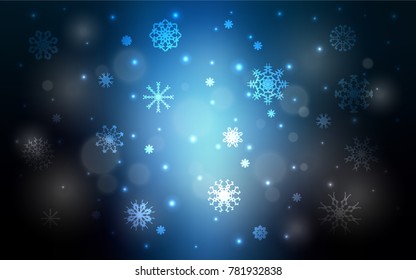 Dark BLUE vector background with xmas snowflakes. Decorative shining illustration with snow on abstract template. The template can be used as a new year background.