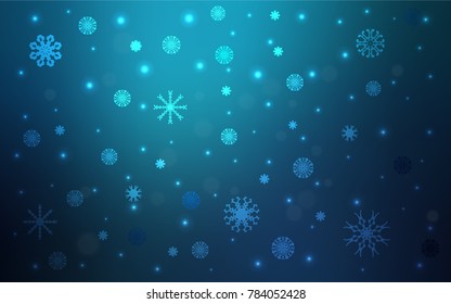 Dark BLUE vector background with xmas snowflakes. Decorative shining illustration with snow on abstract template. The pattern can be used for new year ad, booklets.