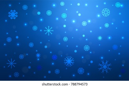 Dark BLUE vector background with xmas snowflakes. Shining colored illustration with snow in christmas style. New year design for your ad, poster, banner.