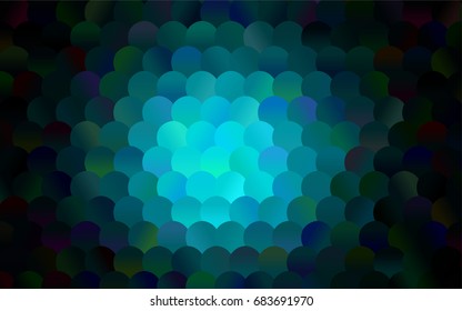 Dark BLUE vector banner with circles, spheres. Abstract spots. Background of Art bubbles in halftone style with colored gradient.