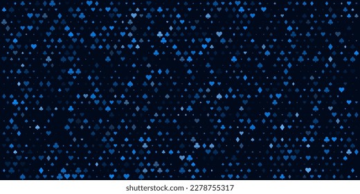 Dark BLUE Vector Cards Signs Random Pattern Casino Background. Symbols of Playing Cards Spades, Hearts, Diamonds, Clubs. Casinos Business Advert Vector Design Background. Gambling Concept.