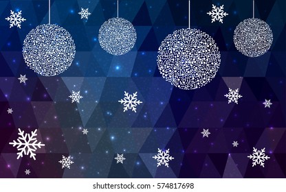 Dark blue vector christmas postcard low polygon background. Illustration consisting of triangles. Abstract triangular polygonal origami or crystal design of New Year celebration.