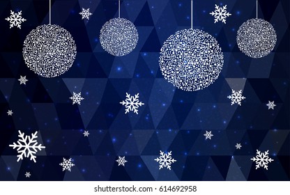 Dark blue vector christmas postcard low polygon background. Illustration consisting of triangles. Abstract triangular polygonal origami or crystal design of New Year celebration.