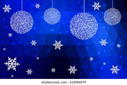 Dark blue vector christmas postcard low polygon background. Illustration consisting of triangles. Abstract triangular polygonal origami or crystal design of New Year celebration.