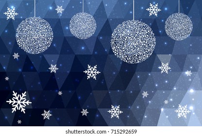DARK BLUE vector christmas postcard low polygon background. Illustration consisting of triangles. Abstract triangular polygonal origami or crystal design of New Year celebration.