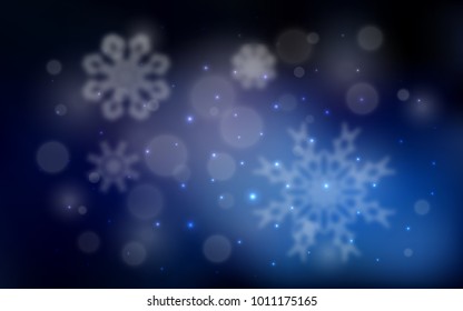 Dark BLUE vector cover with beautiful snowflakes. Decorative shining illustration with snow on abstract template. New year design for your ad, poster, banner.