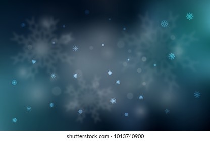 Dark BLUE vector cover with beautiful snowflakes. Blurred decorative design in xmas style with snow. The template can be used as a new year background.