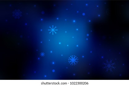 Dark BLUE vector cover with beautiful snowflakes. Shining colored illustration with snow in christmas style. New year design for your ad, poster, banner.