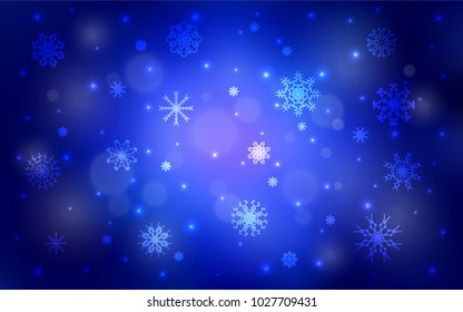 Dark BLUE vector cover with beautiful snowflakes. Shining colored illustration with snow in christmas style. The pattern can be used for year new  websites.