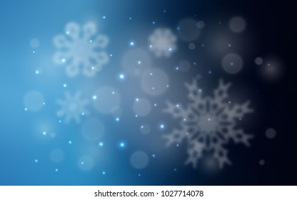 Dark BLUE vector cover with beautiful snowflakes. Snow on blurred abstract background with gradient. The pattern can be used for new year leaflets.