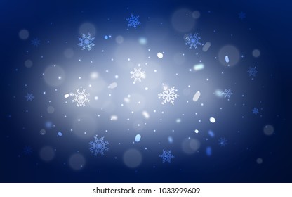 Dark BLUE vector cover with beautiful snowflakes. Snow on blurred abstract background with gradient. The pattern can be used for new year ad, booklets.