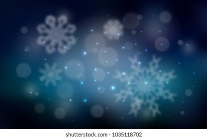 Dark BLUE vector cover with beautiful snowflakes. Shining colored illustration with snow in christmas style. The pattern can be used for new year leaflets.