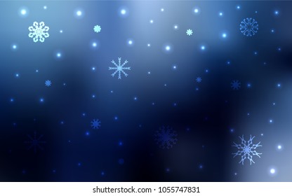 Dark BLUE vector cover with beautiful snowflakes. Decorative shining illustration with snow on abstract template. The pattern can be used for year new  websites.