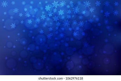 Dark BLUE vector cover with beautiful snowflakes. Snow on blurred abstract background with gradient. The template can be used as a new year background.