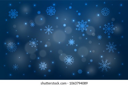 Dark BLUE vector cover with beautiful snowflakes. Decorative shining illustration with snow on abstract template. New year design for your ad, poster, banner.