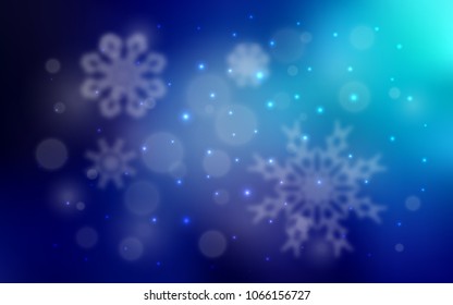 Dark BLUE vector cover with beautiful snowflakes. Snow on blurred abstract background with gradient. The template can be used as a new year background.
