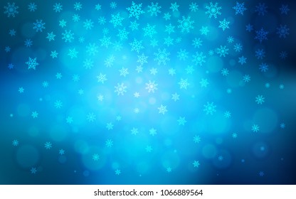 Dark BLUE vector cover with beautiful snowflakes. Snow on blurred abstract background with gradient. New year design for your ad, poster, banner.