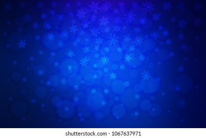 Dark BLUE vector cover with beautiful snowflakes. Snow on blurred abstract background with gradient. New year design for your ad, poster, banner.